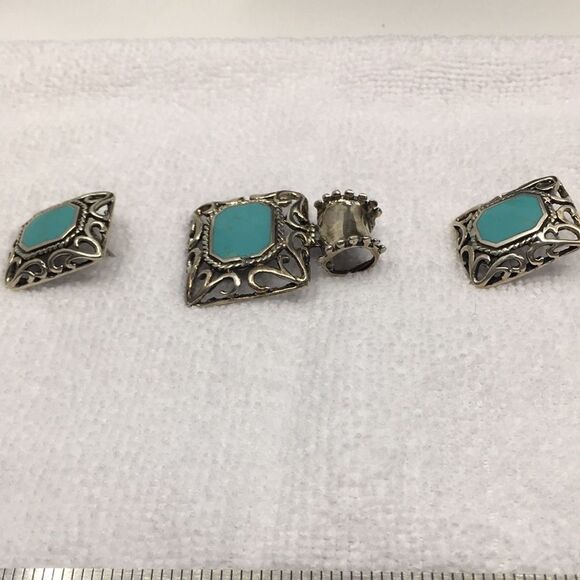 Sterling Silver 925 Mexico Chunky Faux Turquoise Dyed Howlite Pendant & Earrings - Picture 9 of 16